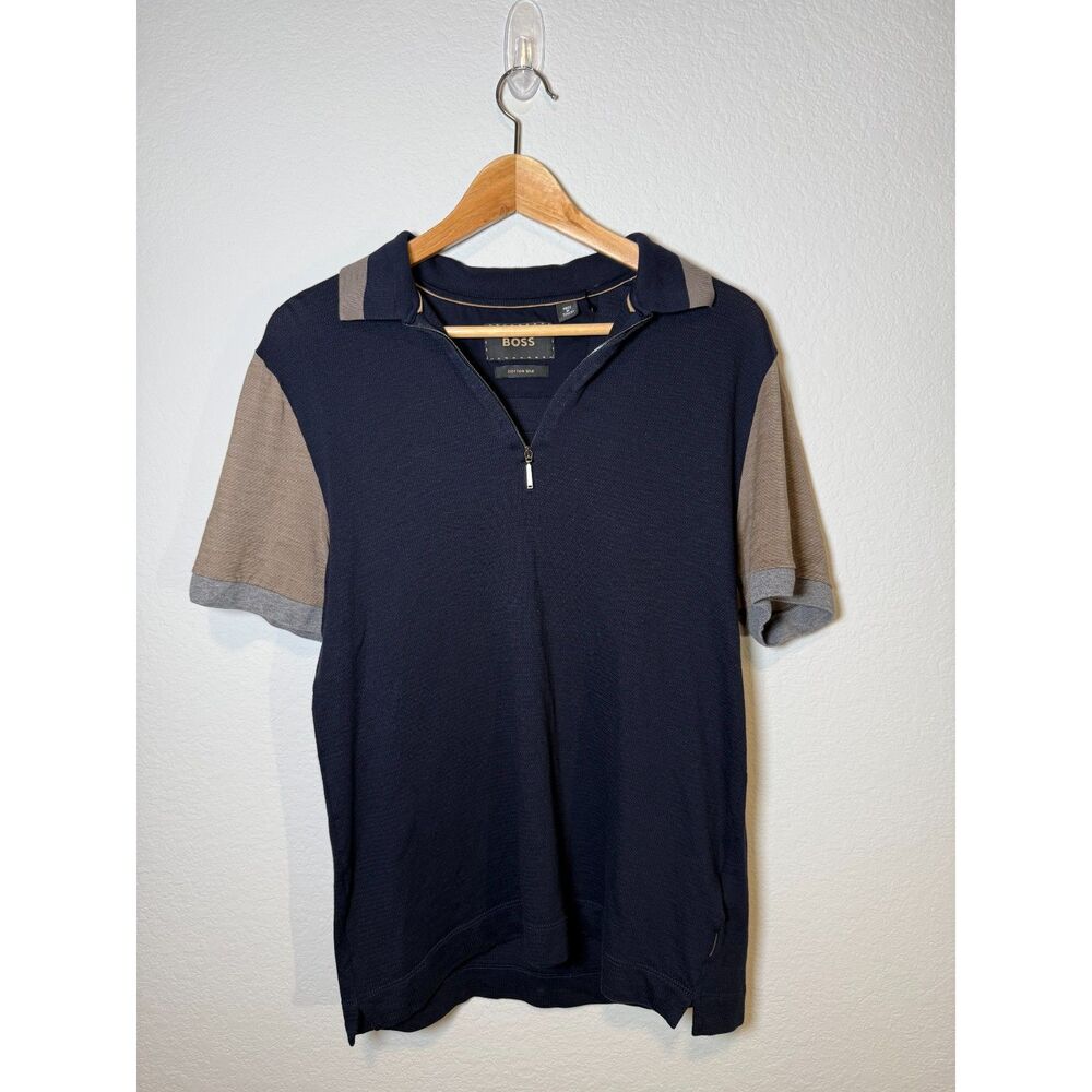 BOSS Hugo Boss Men's Cotton-Silk Knit Zip Polo Shirt Navy Size S